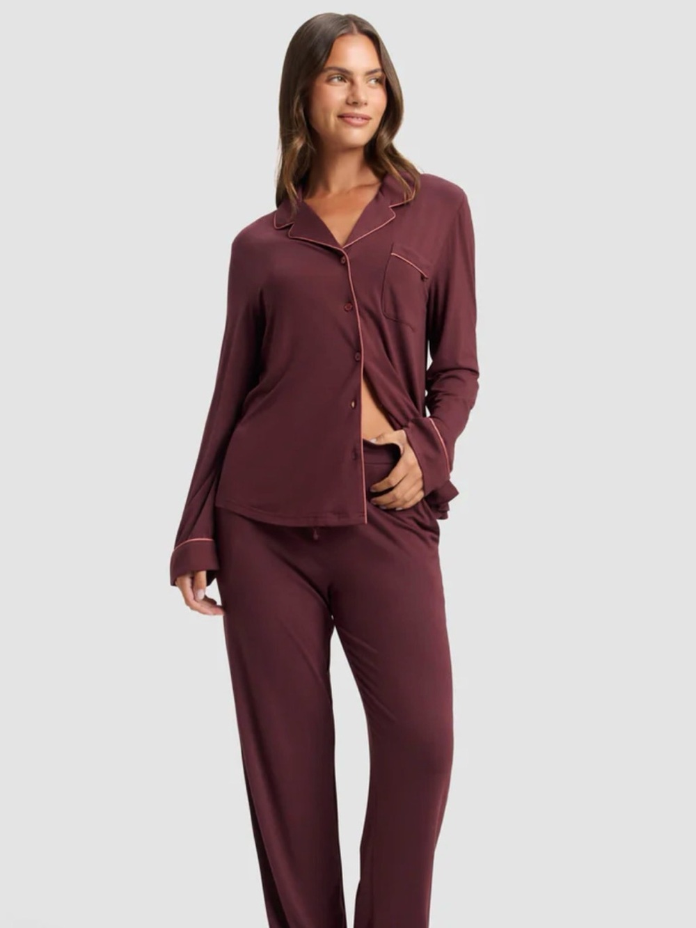 Cozy Earth Women's Bamboo Stretch-Knit Long Sleeve Pajama Set Burgundy - S